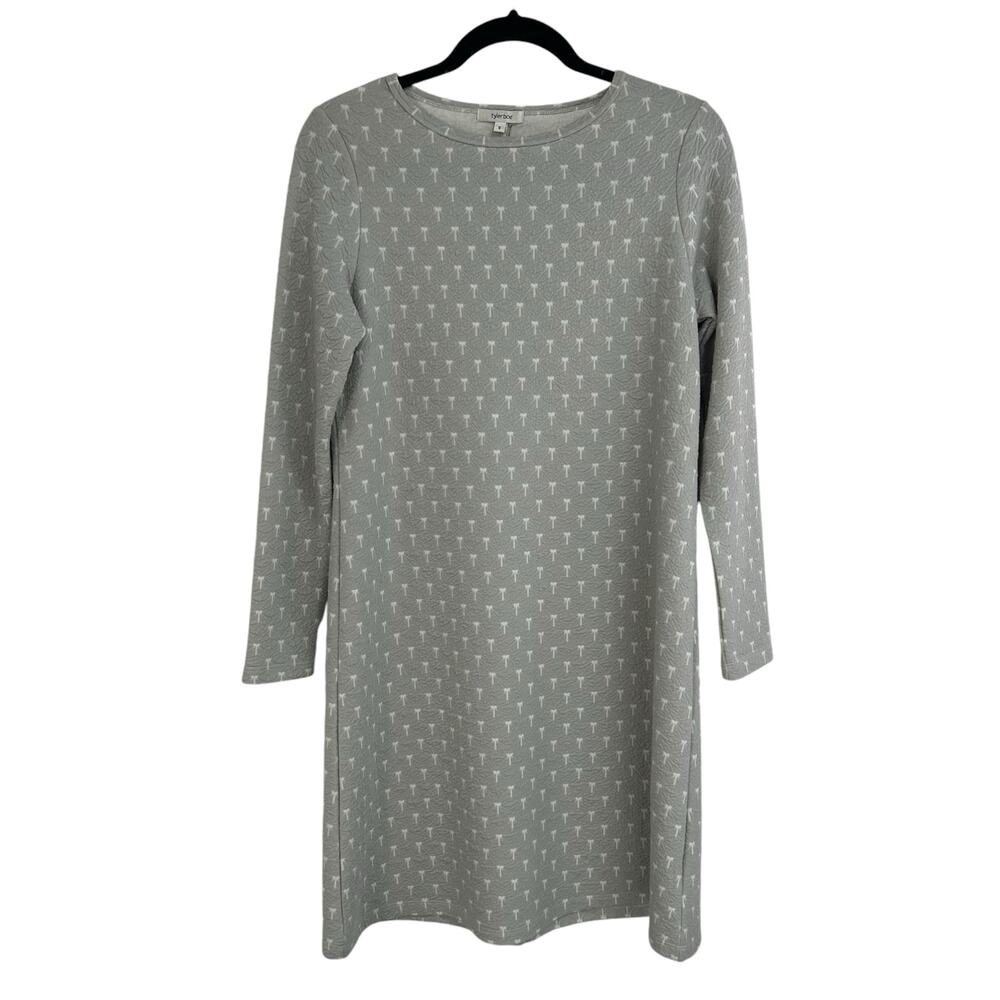 Tyler Boe Gray White Textured Long Sleeve Printed Knit Shift Dress Womens Small